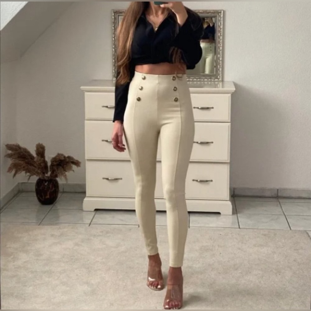 ZARA cream high-waist double button leggings